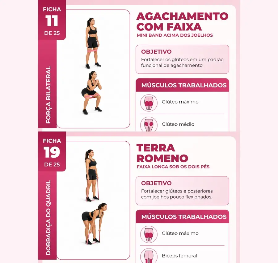 Prévia de duas fichas reais do material — do iniciante ao avançado